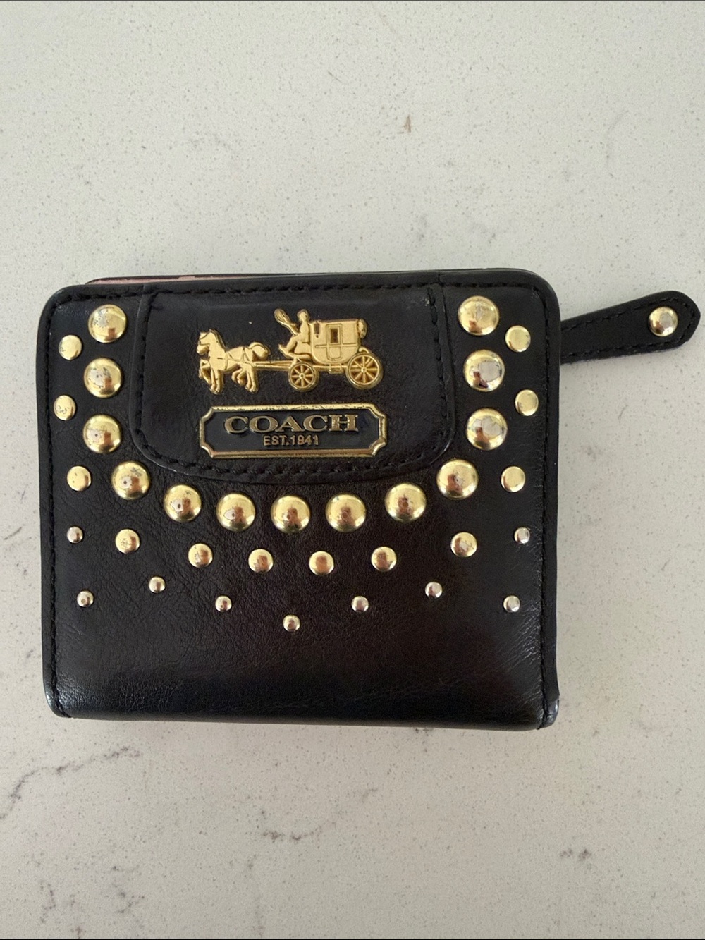 Coach Black Leather Mini Wallet with Gold Stud Accents